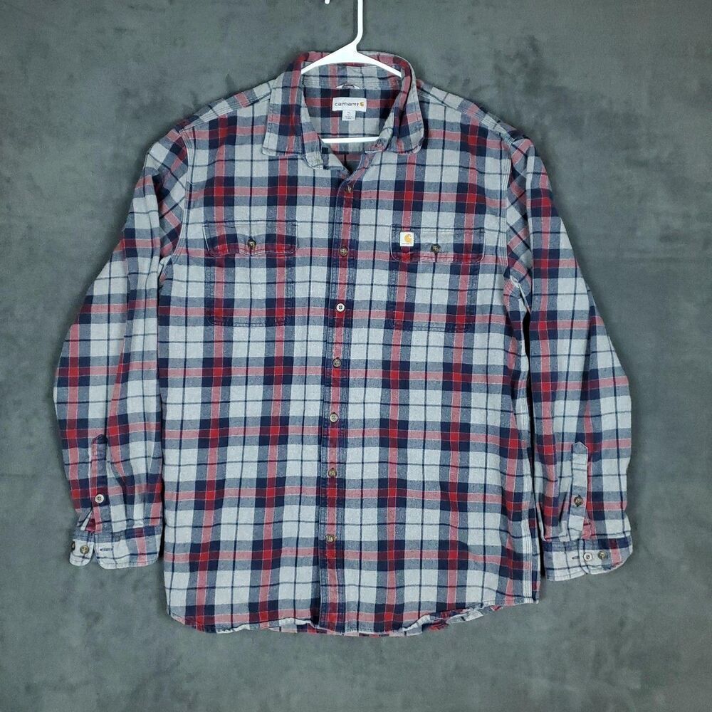 Carhartt Shirt Mens XL Tall Red Blue Gray Plaid Flannel Button Up Original Fit